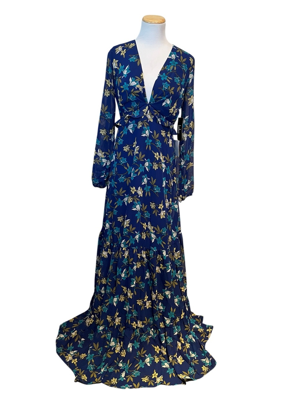 Lulu's Blue Floral Long Sleeve Plunge V Neck Flowy Maxi Dress Small NWT